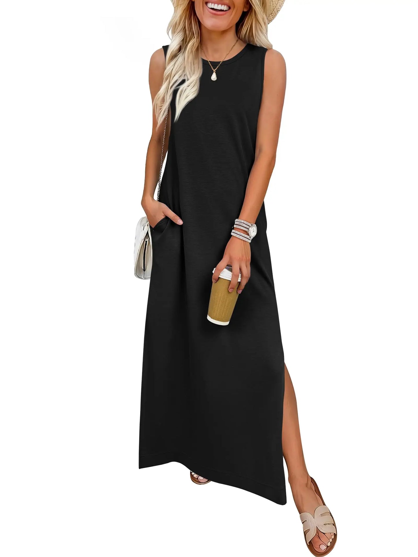 Women Summer Sleeveless Maxi Sundress With Pockets Casual Beach Vacation Dress