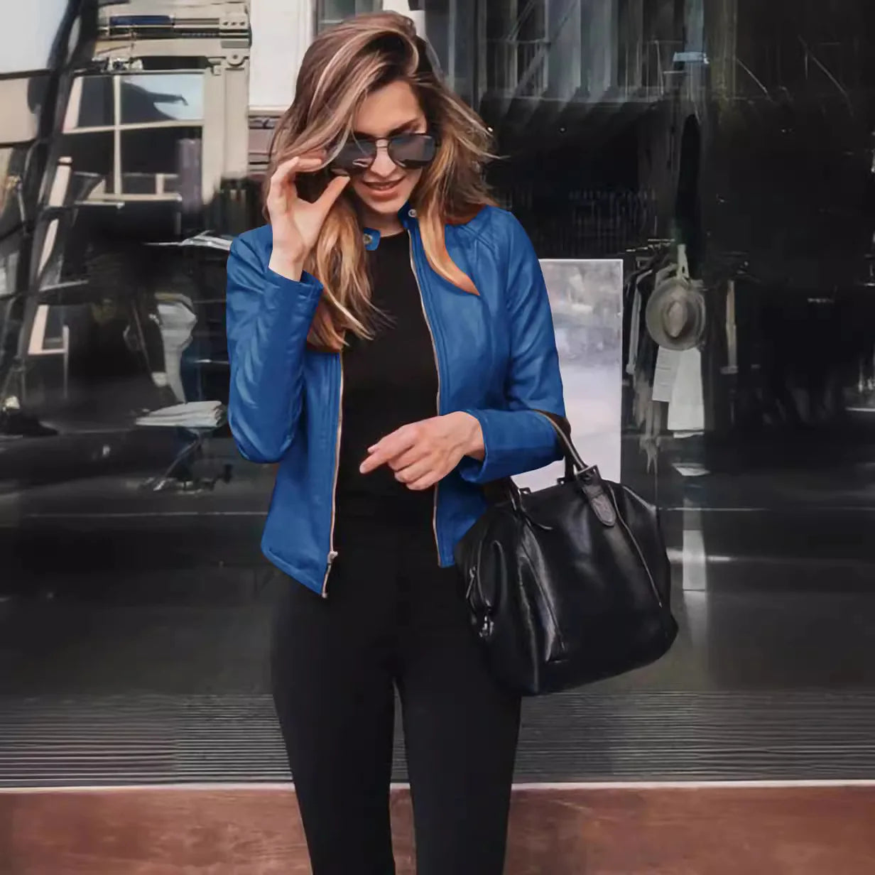 KIDCRKJ Spring Autumn Women's Leather Jacket Solid Color Zipper Female PU Suit Jacket O-neck Casual Jacket Women's Outwears