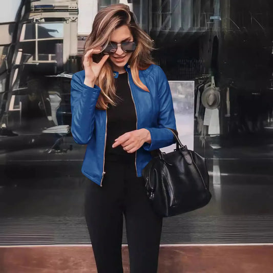 KIDCRKJ Spring Autumn Women's Leather Jacket Solid Color Zipper Female PU Suit Jacket O-neck Casual Jacket Women's Outwears