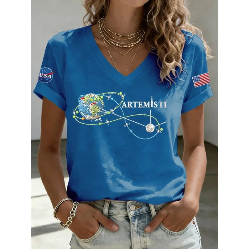 2026 New Arrival Women's Artemis II Print T-Shirts Summer Short Sleeve Loose V Neck Tops Casual Tees