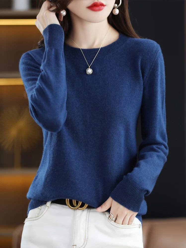 Fashion 100% Merino Wool Sweater Elegant Cashmere Pullover Women O-Neck Long Sleeve Knitwear Basic Clothing  Jumper Tops
