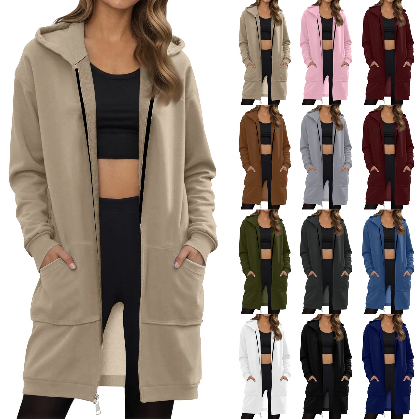 Women's Solid Color Zip Up Hoodies Oversized Long Cardigan Sweatshirts Casual Fashion Long Sleeve Fall Hoodie Coat
