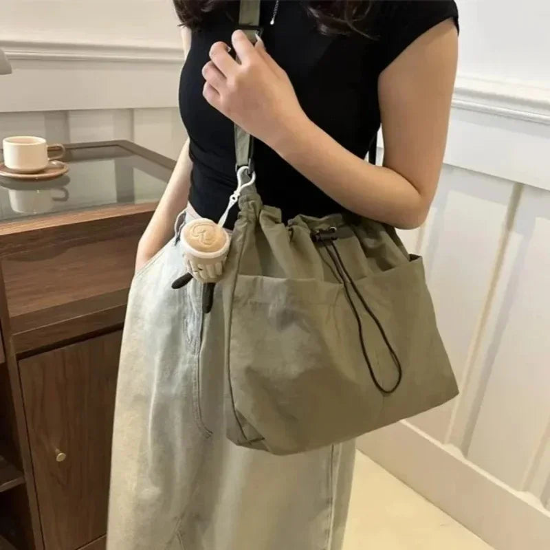 2024 New Large-capacity Waterproof Nylon Cloth Drawstring Pleated Shoulder Bag Travel Leisure Crossbody Bucket Bag