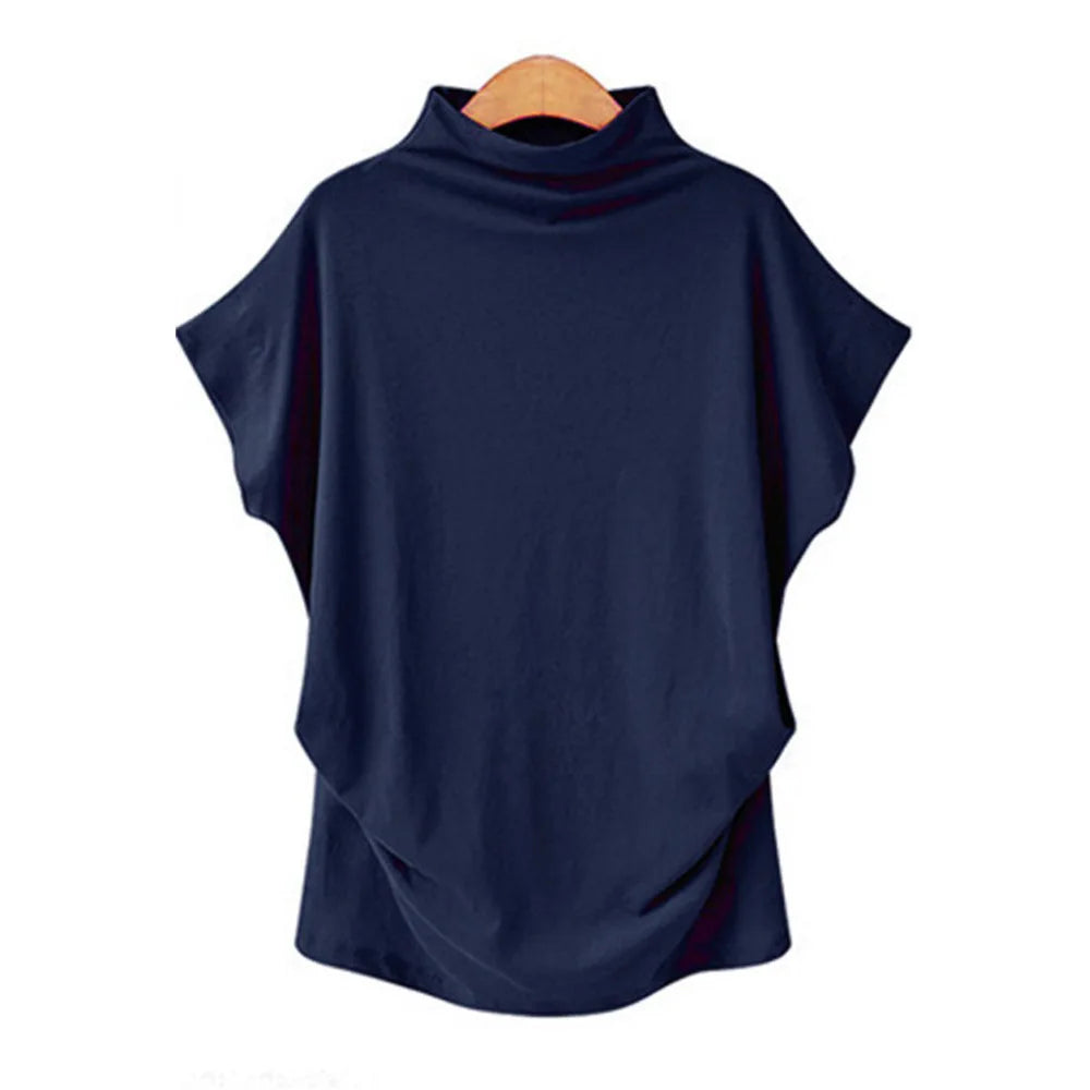 Women's Retro Solid Color T-Shirt Summer Turtleneck Short Sleeve Tees Fashion Loose Streetwear Female Pleated Top