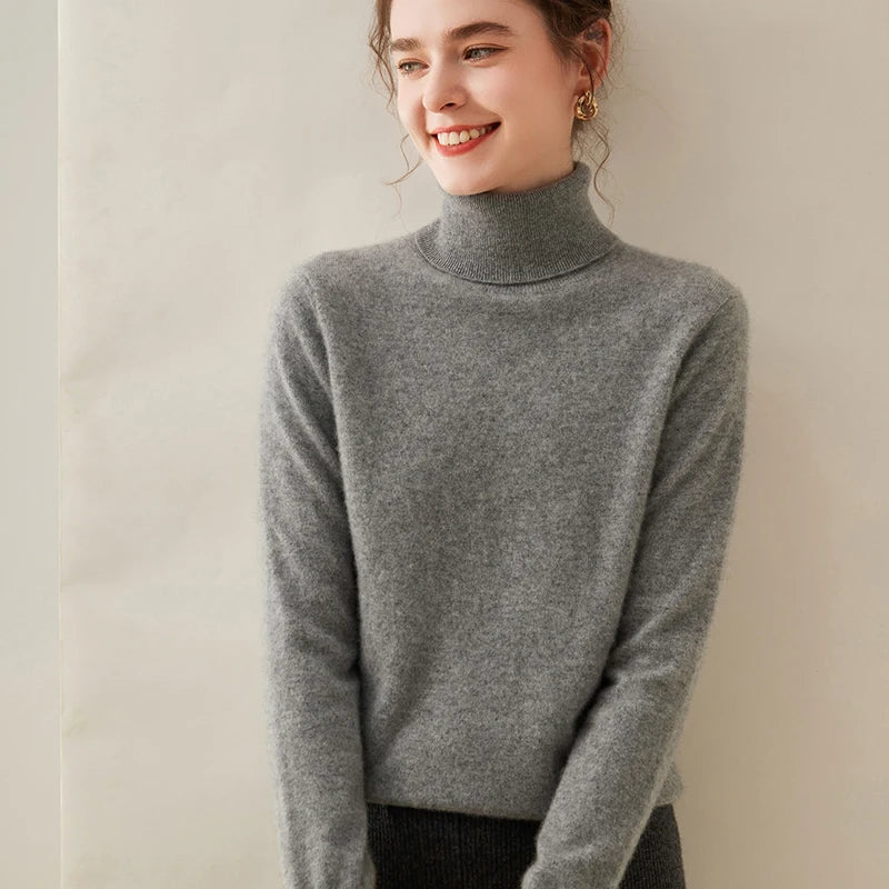 Cashmere Sweater Women's Turtleneck Long Sleeved Knitted Pullover 100% Pure Cashmere Base Sweater Korean Version Women's Top