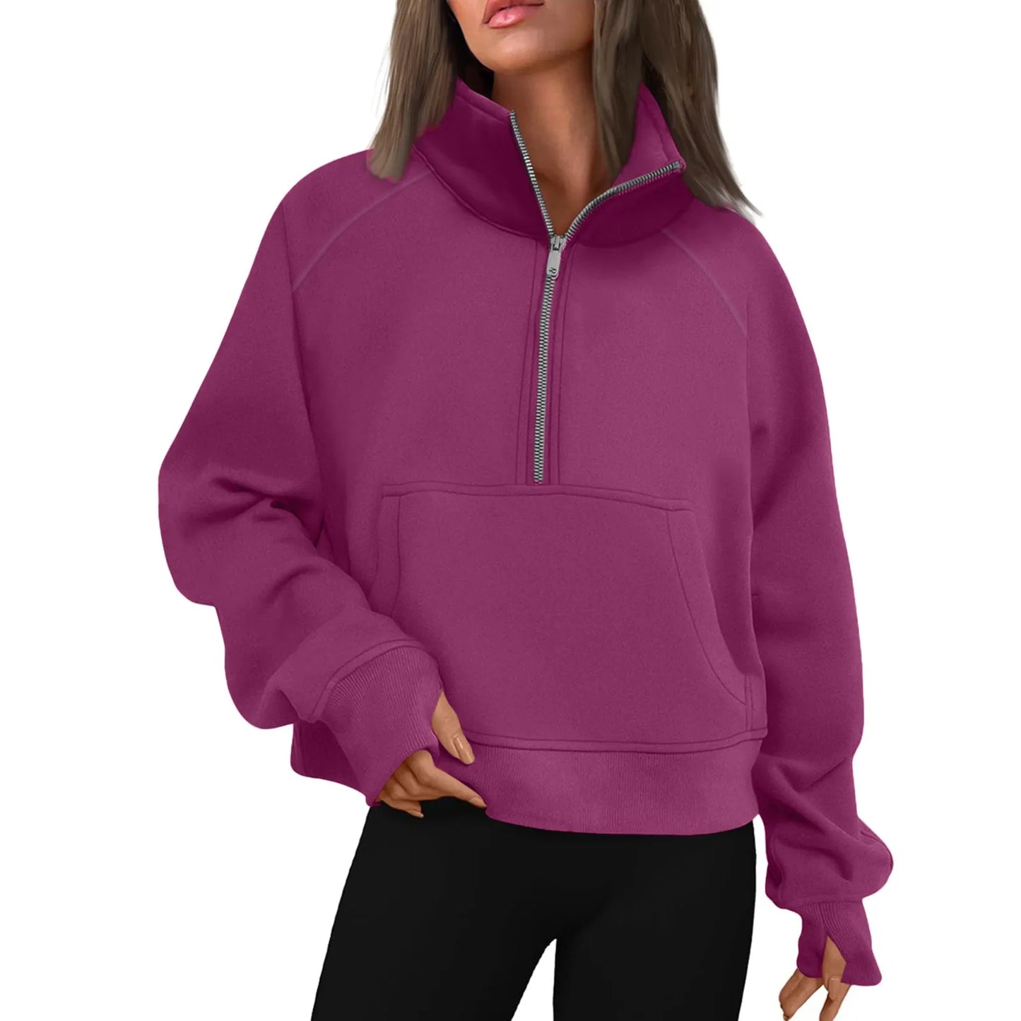 New Women's Hoodies Autumn Winter Stand Collar Plus Fleece Solid Color Sweatshirts Long Sleeve Pocket Loose Half Zip Pullover
