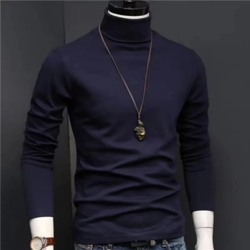 2025 Autumn New Men Mid To High Collar Warm Clothes Solid Color Outdoor Leisure  Male Running Slimming Long Sleeve Bottom Shirt
