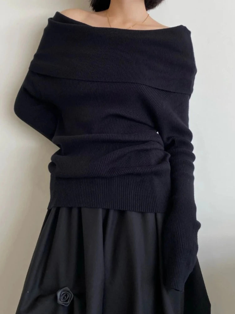 2026 Elegant Vintage Knitted Solid Jumper Autumn Winter Off Shoulder Women Sweaters High Stretch Top Soft Chic Pullovers