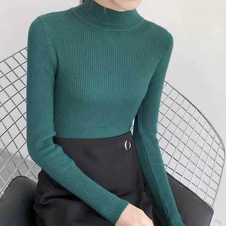 Early Spring, Autumn Winter Mock Neck Women Sweater Vintage Basic Solid Knitted Tops Casual Slim Pullover Korean Sweaters Simple Chic Jumpers