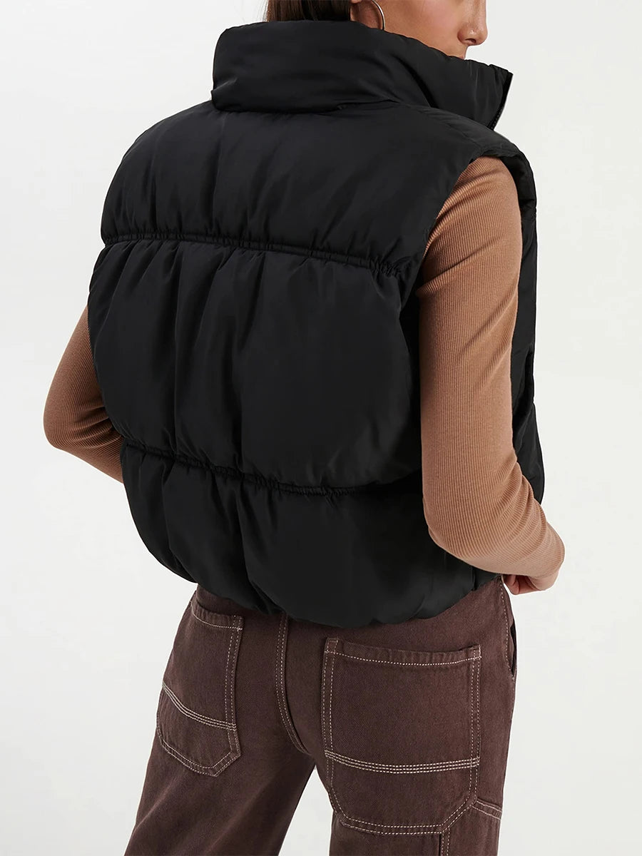 Women s Winter Quilted Waistcoat Solid Color Lightweight Zip Stand Collar Winter Vest Sleeveless Jacket
