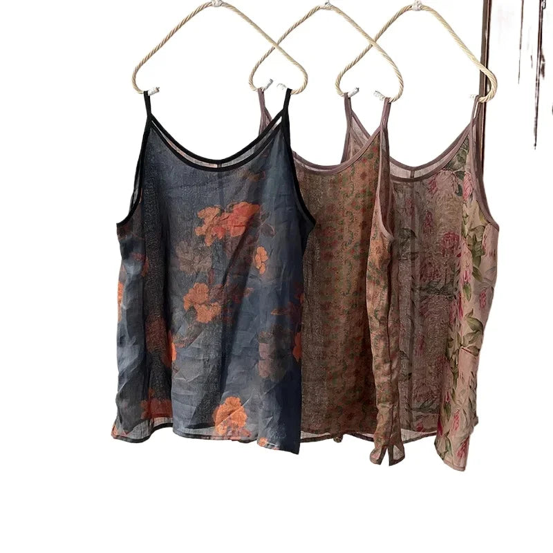 Women's Camisole Tank Tops Printed Ramie Sleeveless Shirt 2026 New Sweet Casual Spaghetti Straps Vest V-neck