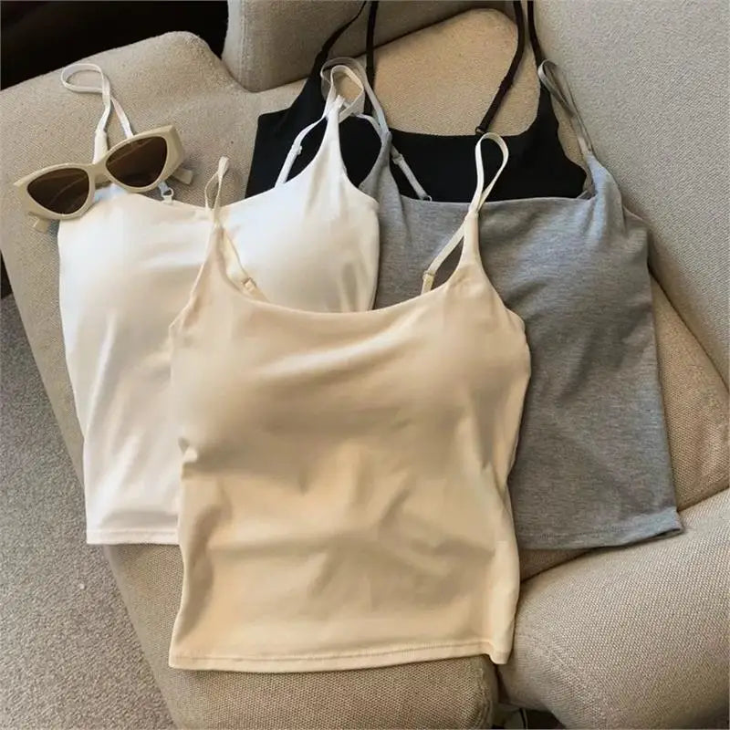 New Women's Slim Fit Tank Top Pure Color Summer Outerwear with Chest Pad Versatile Casual Wear