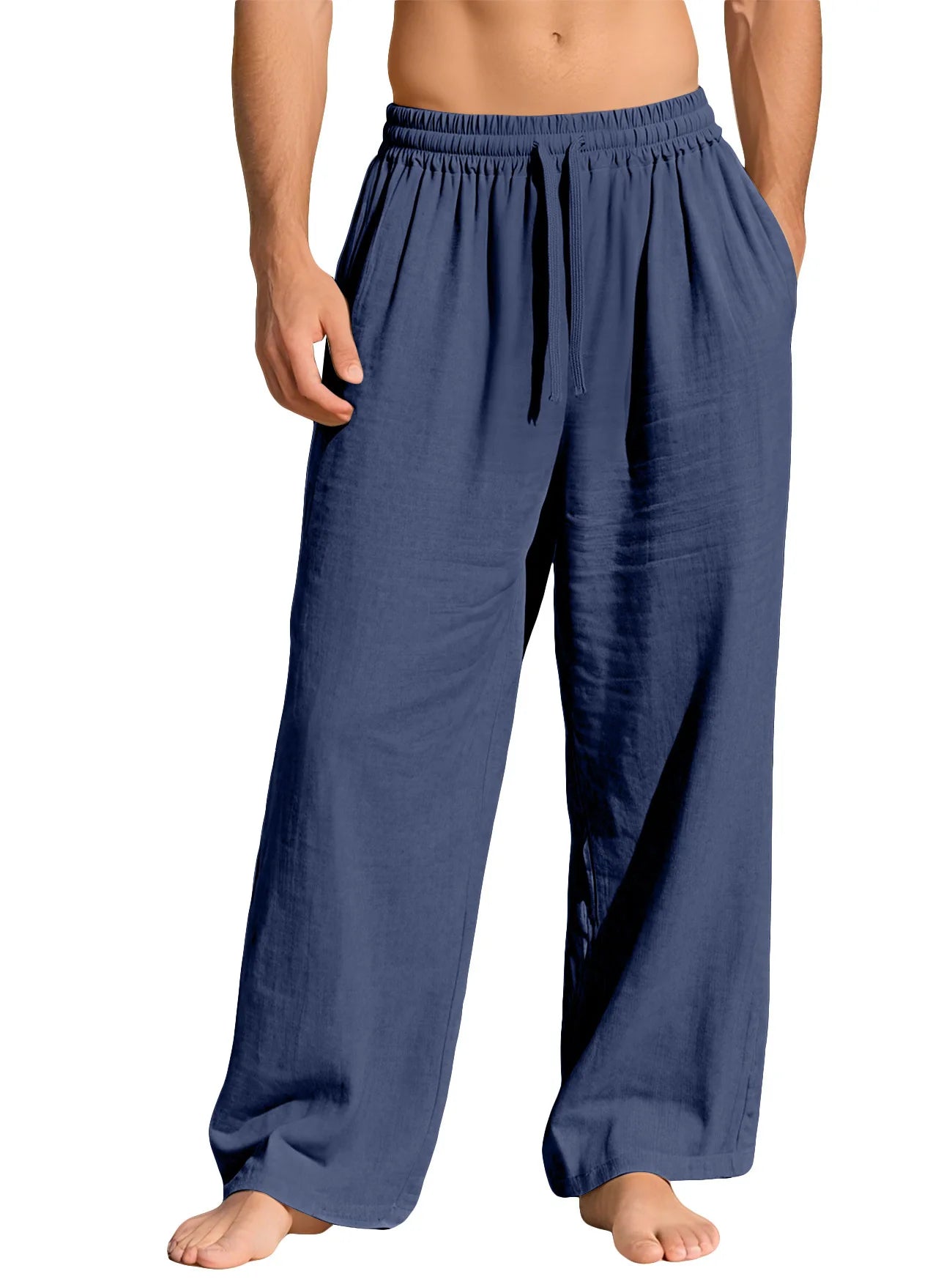Men's Beige Linen Pants Casual Pants Summer Loose Fit Elastic Waist Straight Leg Pants Lightweight Casual Home Lounge Wear