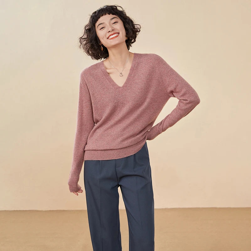 Autumn And Winter New Women's Cashmere Sweater 100% Pure Cashmere V-neck Knitted Pullover Long Sleeved Hot Selling Women's Top