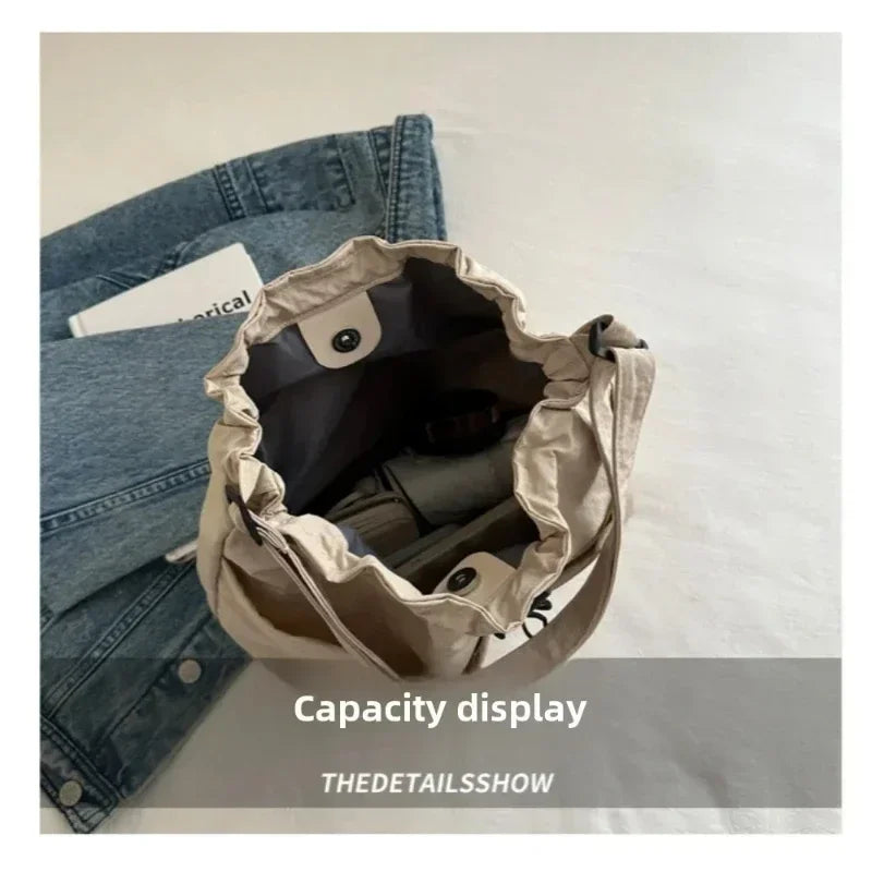 2024 New Large-capacity Waterproof Nylon Cloth Drawstring Pleated Shoulder Bag Travel Leisure Crossbody Bucket Bag