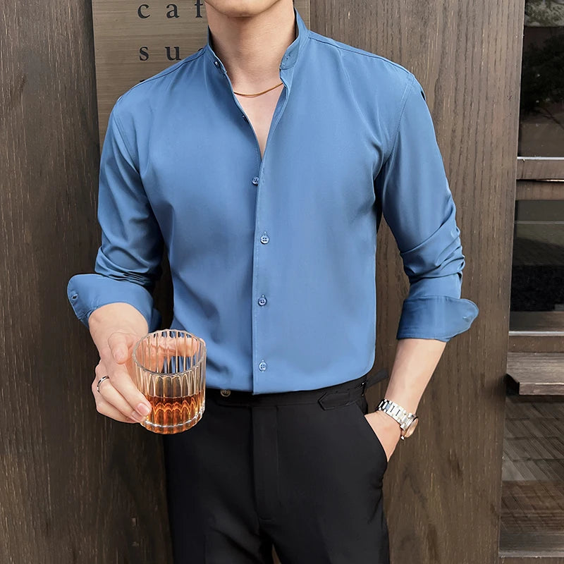 Stand-Up Collar Shirt Luxury Solid Color Long Sleeve Slim Fit Elastic Casual Social Party Shirts Tuxedo 4XL-M