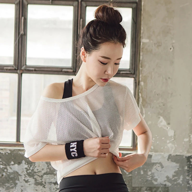 Women's Mesh Yoga Shirt Sexy Short Sleeve T-Shirt Sport Top Blouse Cover Up Quick Dry Gym Clothes Running Fitness Tank Sportwear