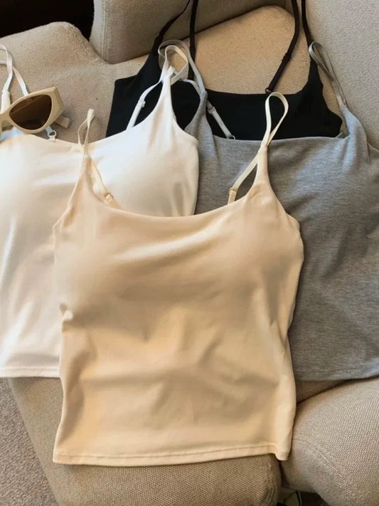 New Women's Slim Fit Tank Top Pure Color Summer Outerwear with Chest Pad Versatile Casual Wear