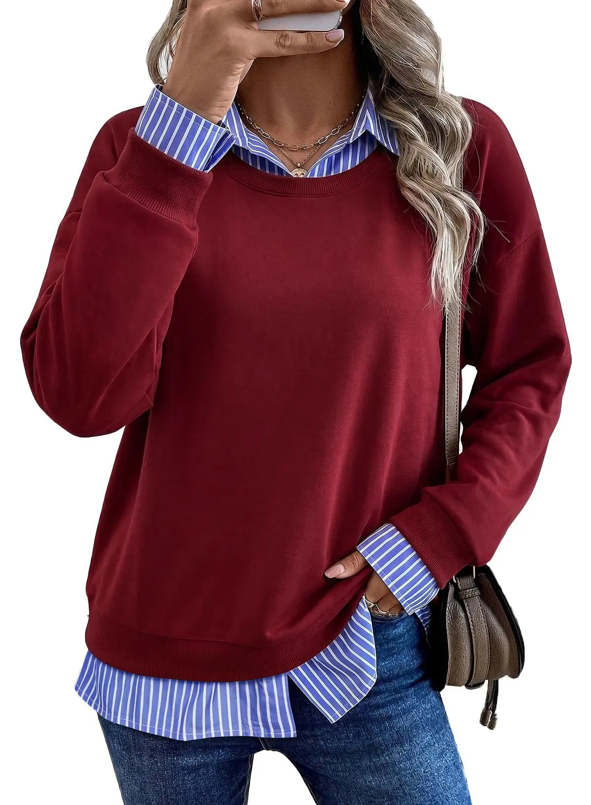 Women's Casual Fake Two Piece Sweatshirt Contrast Collar Striped Patchwork Long Sleeve Crewneck Pullover Top Spring, Autumn, Winter
