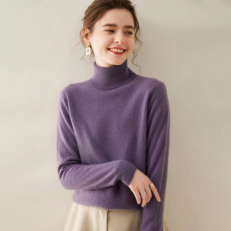 Cashmere Sweater Women's Turtleneck Long Sleeved Knitted Pullover 100% Pure Cashmere Base Sweater Korean Version Women's Top