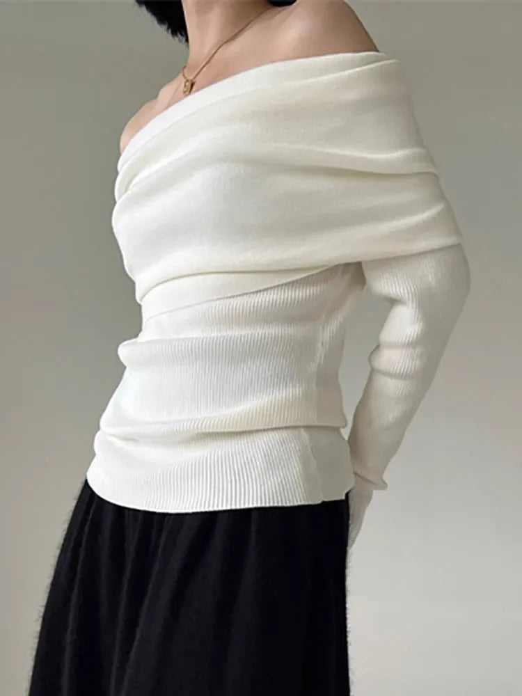 2026 Elegant Vintage Knitted Solid Jumper Autumn Winter Off Shoulder Women Sweaters High Stretch Top Soft Chic Pullovers