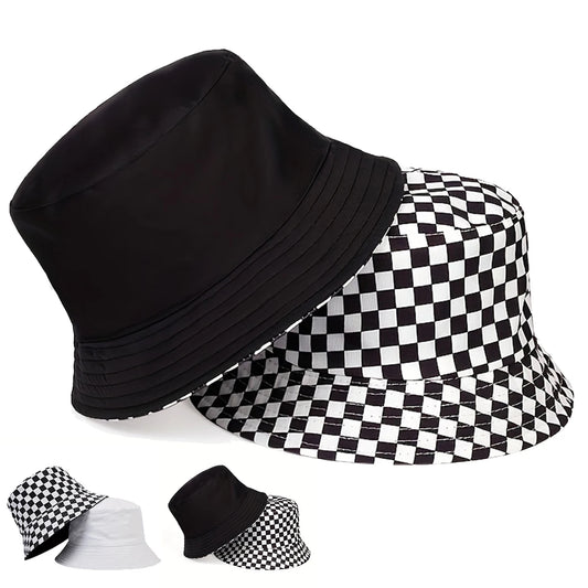 1piece Unisex ack White Grid Reversible Bucket Hat Outdoor Sunscreen Leisure Hat Spring Autumn Travel Tourism Beach Vacation