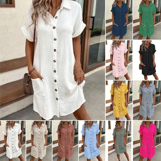 Fashion Casual Cotton Linen Style Dress Woman Short Sleeved Loose Dresses for Women Harajuku Long Shirts