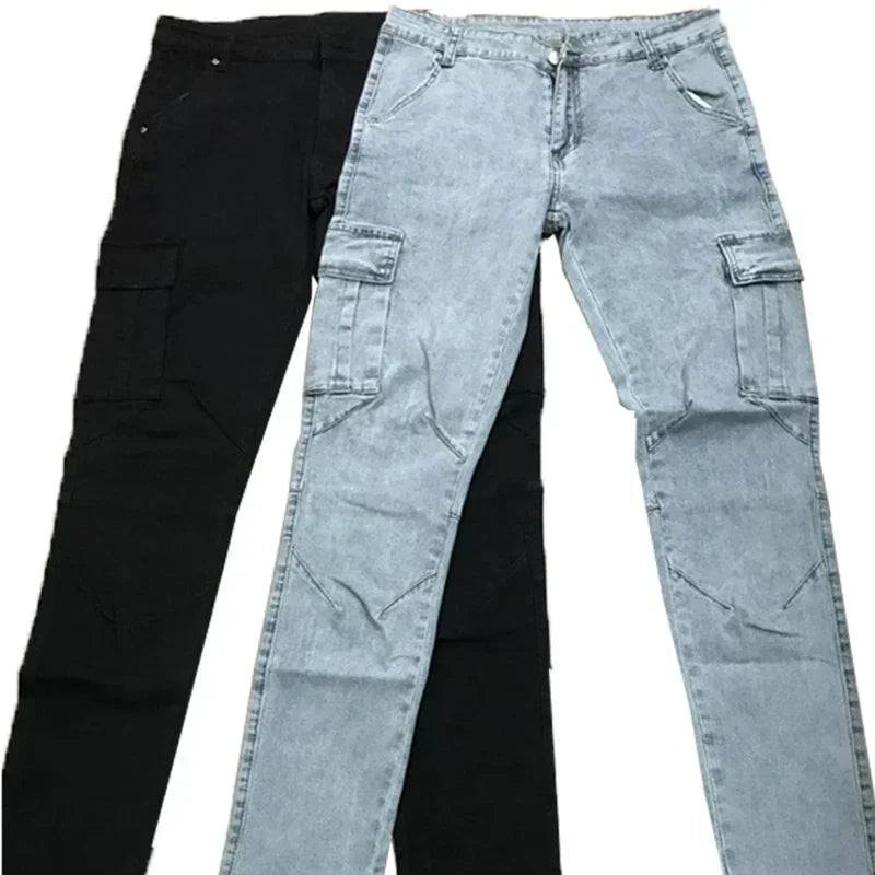 Men Casual Pencil Jeans Male Elastic Multi Pocket Small Slim High Street Denim Pants Wash Solid Color Mid Waist Cargo Jeans