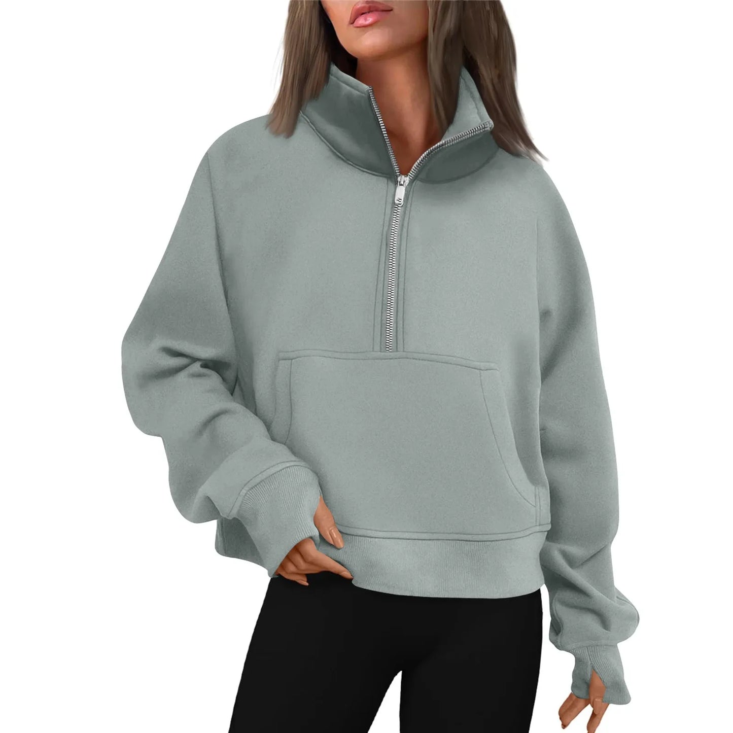 New Women's Hoodies Autumn Winter Stand Collar Plus Fleece Solid Color Sweatshirts Long Sleeve Pocket Loose Half Zip Pullover