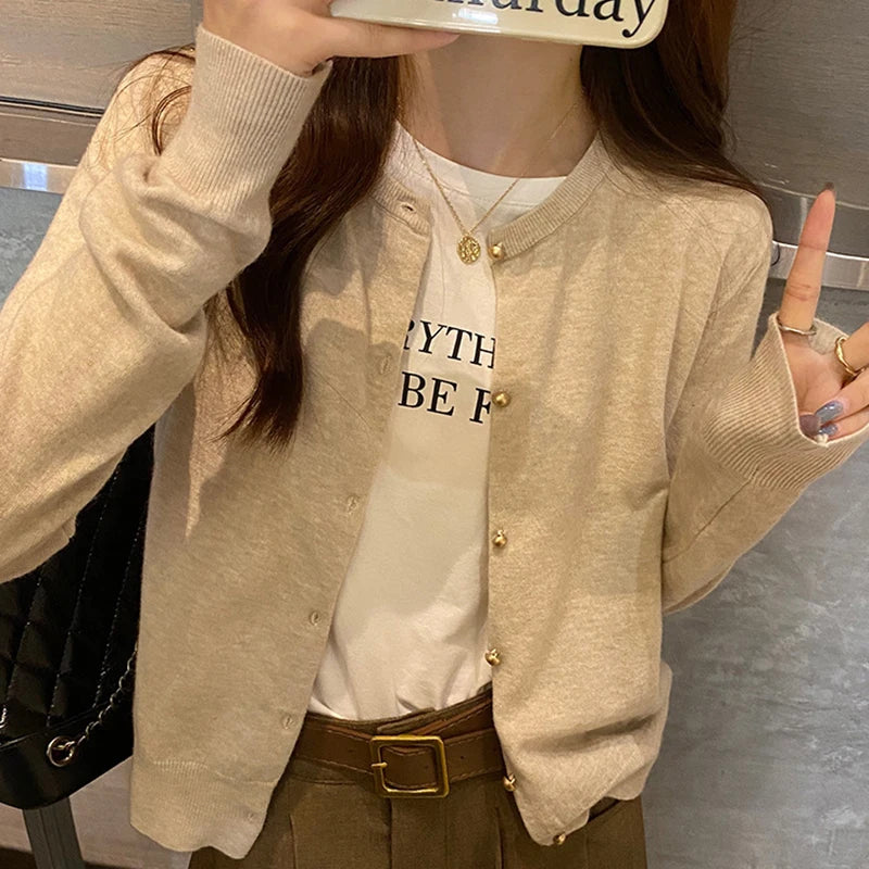 O Neck Basic Knitted Cardigan Women Spring Autumn Long Sleeve Button Solid Soft Sweater Korean Style Short Knitwear Tops Female