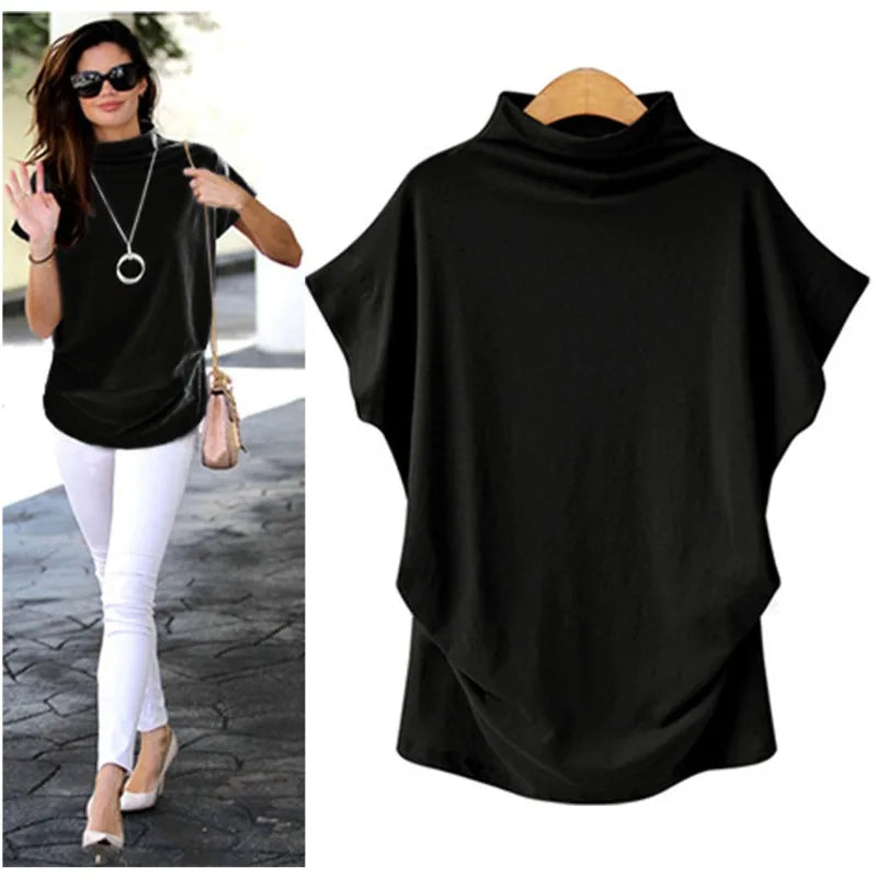 Women's Retro Solid Color T-Shirt Summer Turtleneck Short Sleeve Tees Fashion Loose Streetwear Female Pleated Top