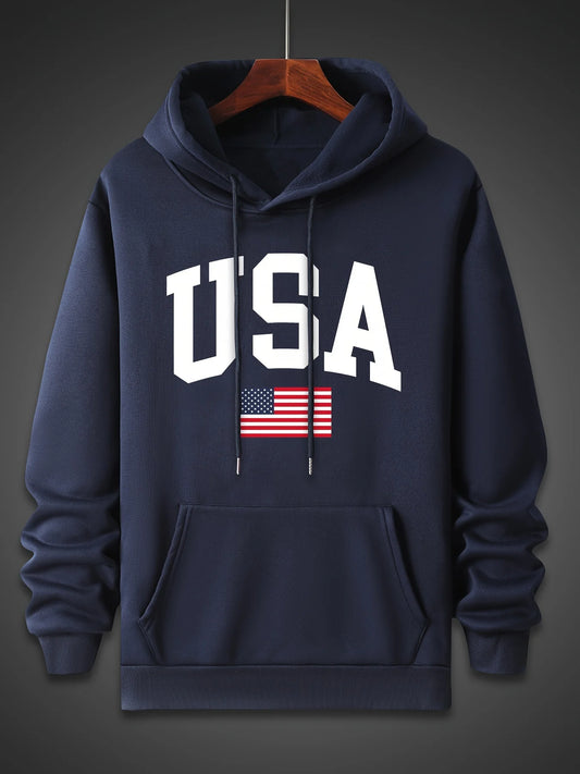 Men's autumn and winter fashionable casual loose oversized USA flag print fleece pullover hooded long sleeved sweatshirt