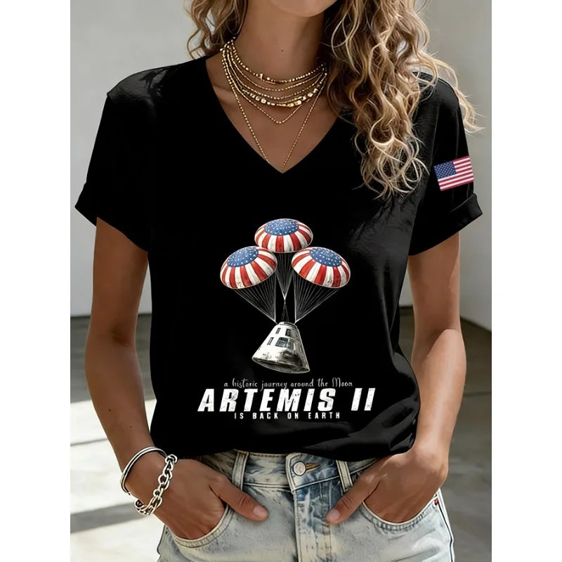 2026 New Arrival Women's Artemis II Print T-Shirts Summer Short Sleeve V Neck Tops Casual Daily White Tees