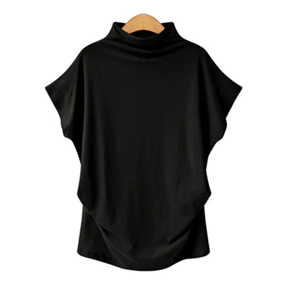 Women's Retro Solid Color T-Shirt Summer Turtleneck Short Sleeve Tees Fashion Loose Streetwear Female Pleated Top