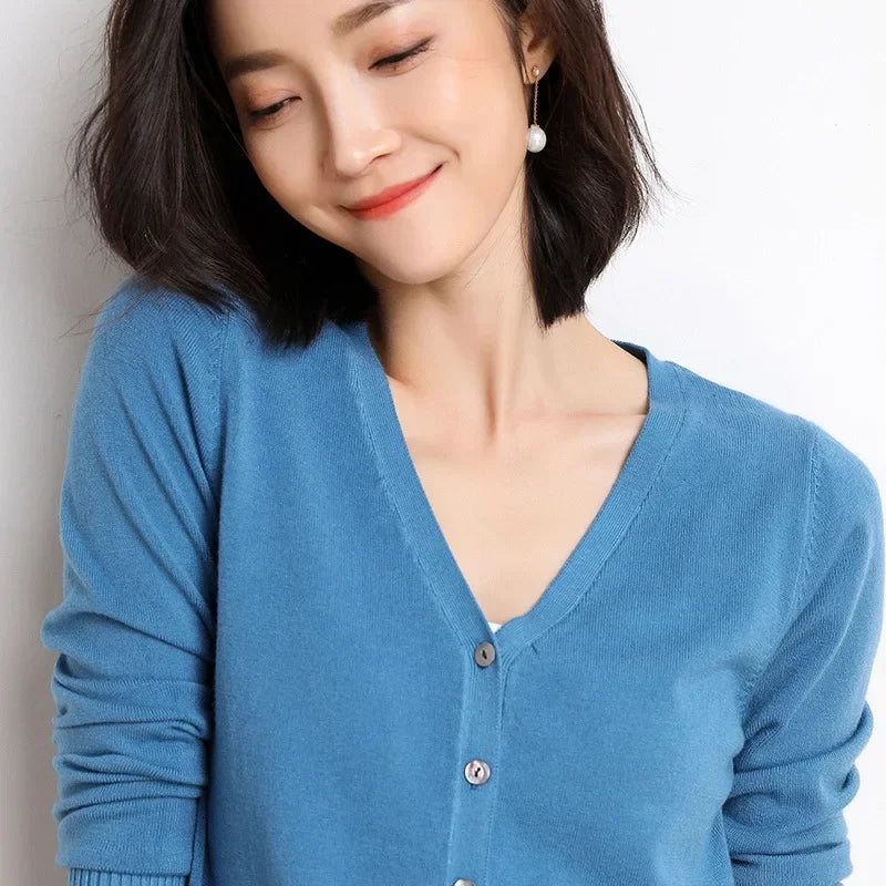 2026 Women Cardigans Long Sleeve Knitted Outerwear Solid Thin Spring / Autumn Sweaters V-neck Knitwear Cardigans