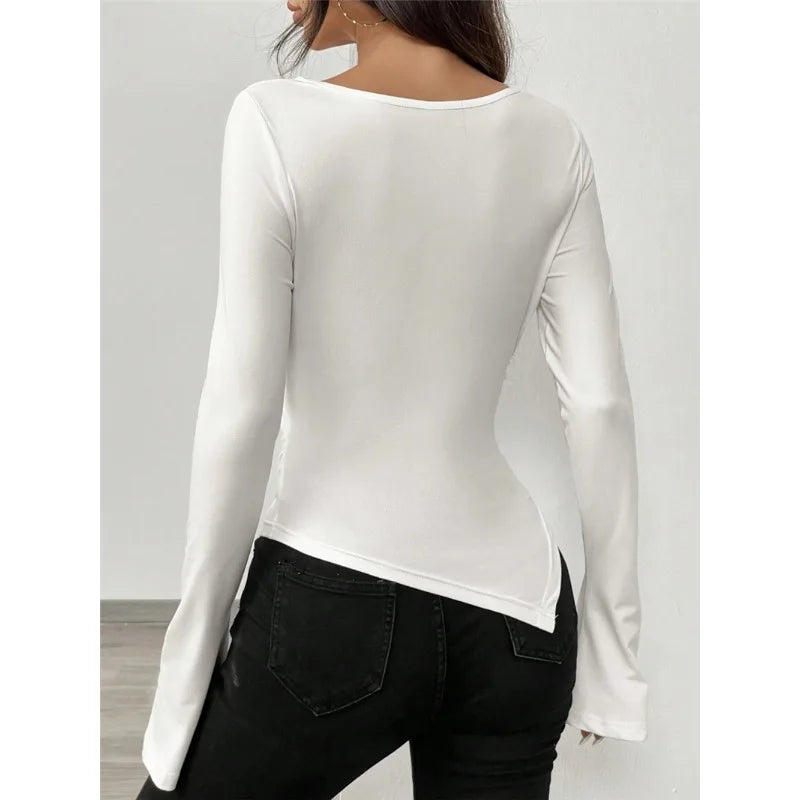 Women's V-Neck Ruched Long Sleeve T-Shirt Autumn Slim Fit Irregular Hem Top Flare Sleeve Fashion Solid Color Crop Top