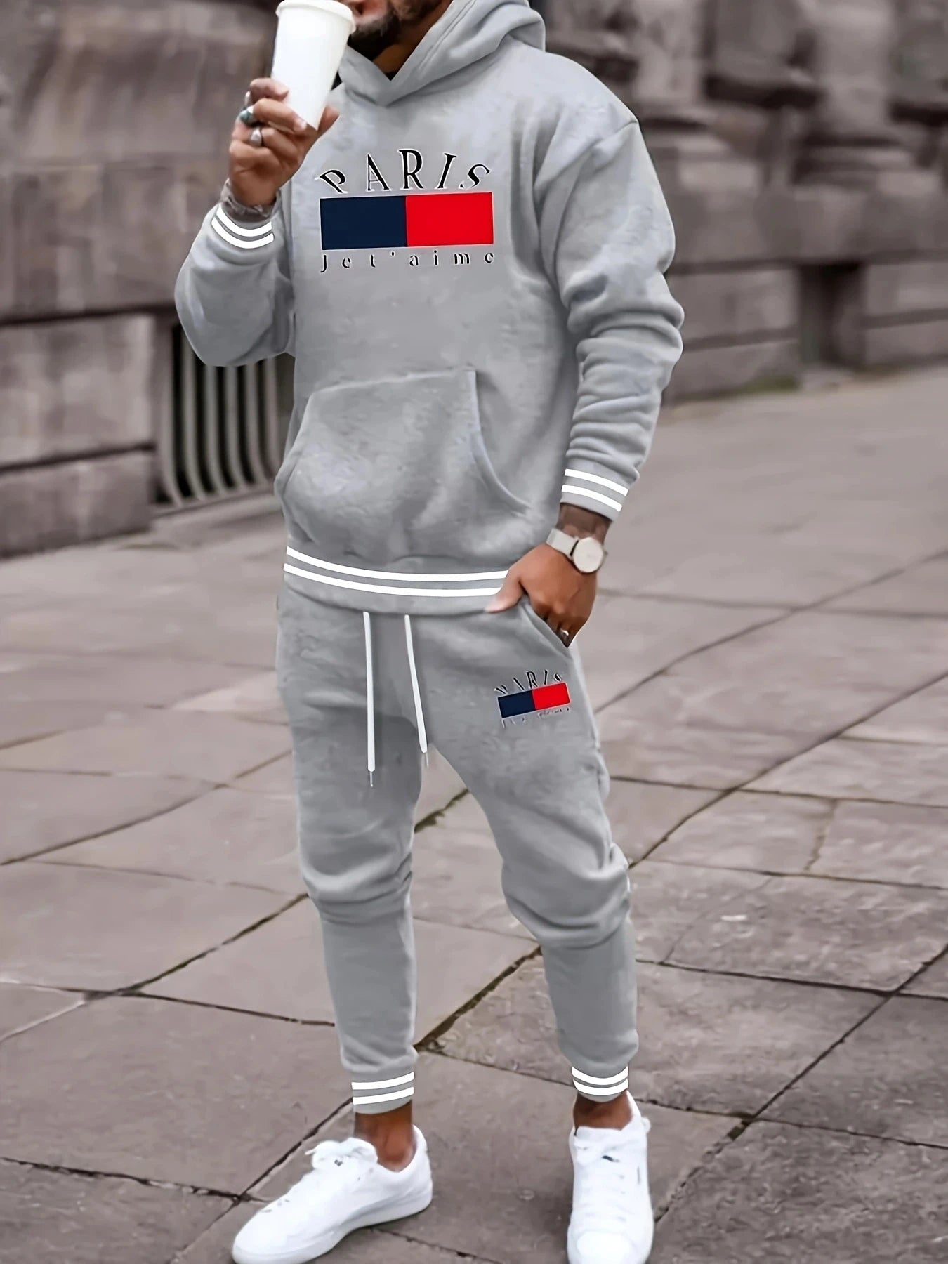 2SetPARISPrinted Men's Spring and Autumn Sports Suit，Men's Hooded Sweatshirt with Kangaroo Pocket and Drawstring Sweatpants Set