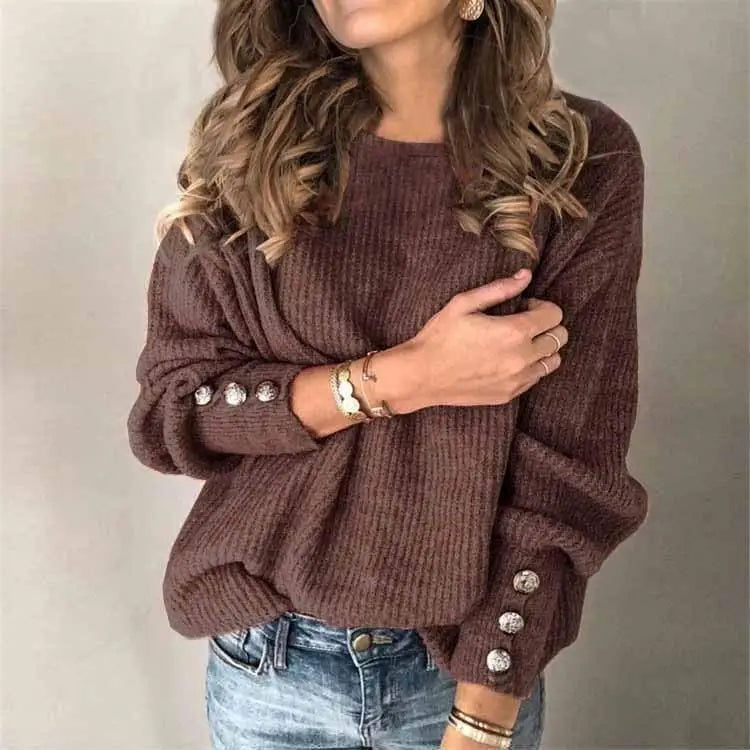 Women's Long Sleeve round Neck Button Sweater Top T-shirt Clean Fit City Walk Linen Blend Princess Sleeve