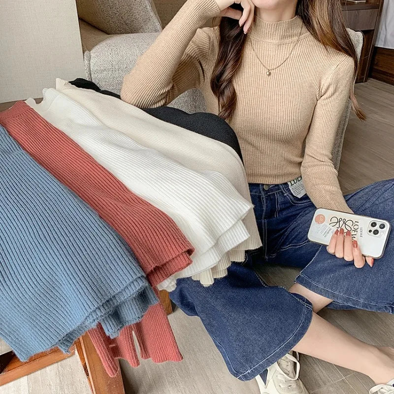 Early Spring, Autumn Winter Mock Neck Women Sweater Vintage Basic Solid Knitted Tops Casual Slim Pullover Korean Sweaters Simple Chic Jumpers