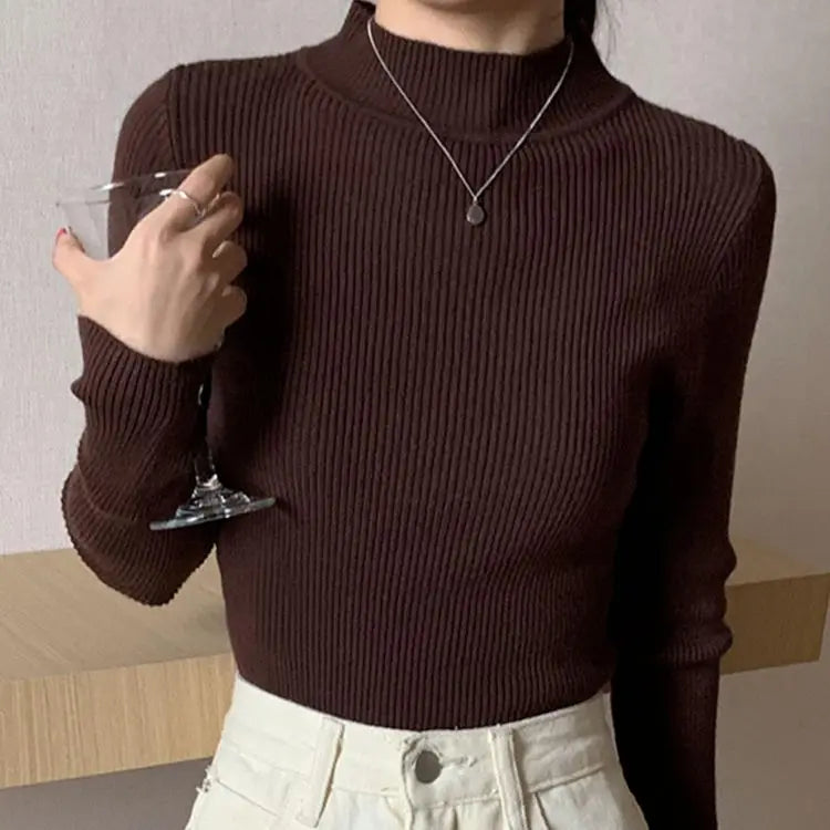 Early Spring, Autumn Winter Mock Neck Women Sweater Vintage Basic Solid Knitted Tops Casual Slim Pullover Korean Sweaters Simple Chic Jumpers