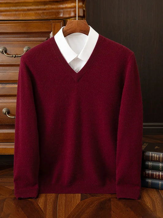 Fashion Men's 100% Cashmere Pullover Sweater V-neck Long Sleeve Thick Pullover Autumn Winter Smart Casual Cashmere Knit Clothing