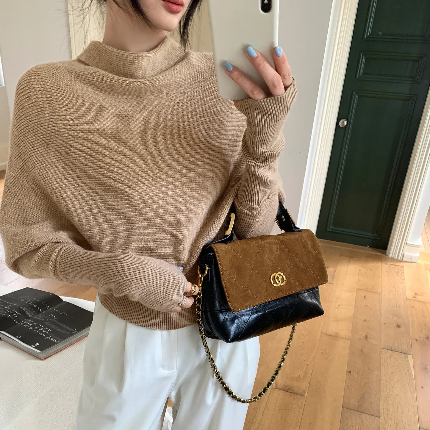 Trendy Autumn Winter Advanced Slouchy Neck Soft Warm Jumper Fashion Knitted Women's Pullover Women Batwing Sleeve Loose Sweater