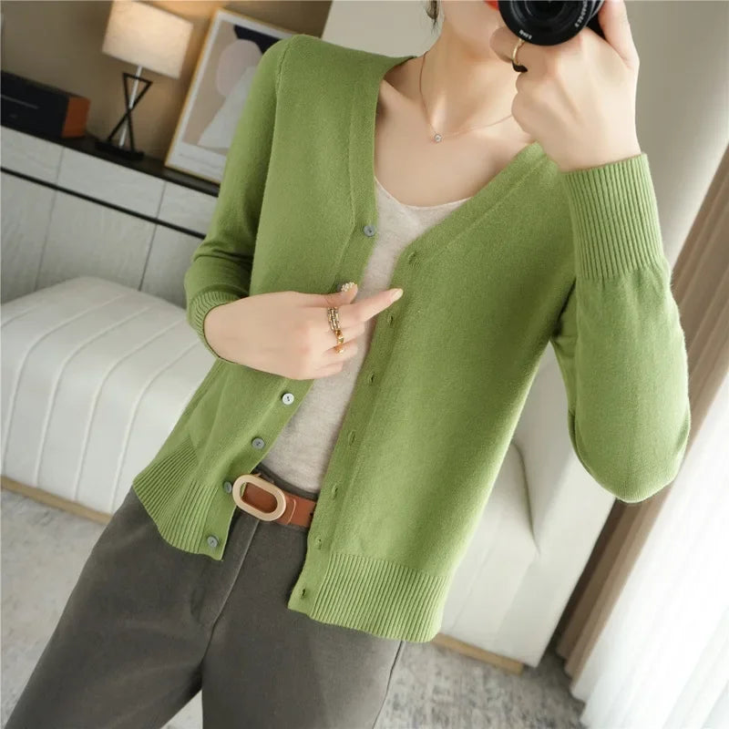 2026 Women Cardigans Long Sleeve Knitted Outerwear Solid Thin Spring / Autumn Sweaters V-neck Knitwear Cardigans