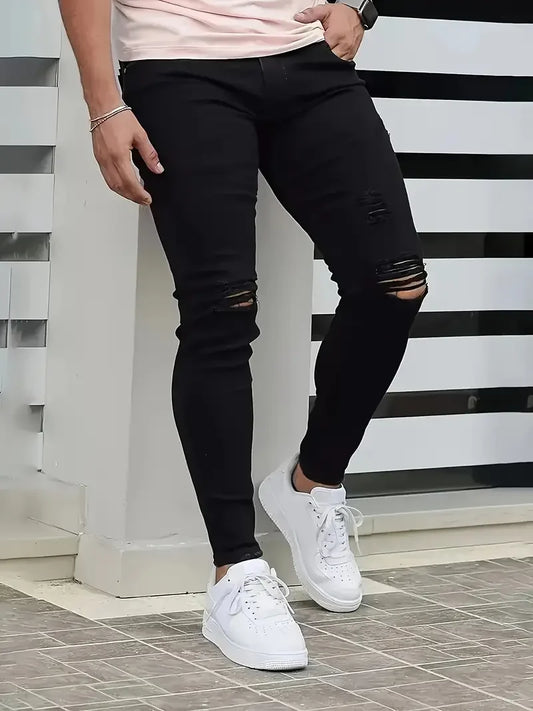 Men's Slim-Fit Ripped Jeans - Stylish Black Distressed Denim with Raw Hem, Comfortable & Versatile for All Seasons, Casual Stree