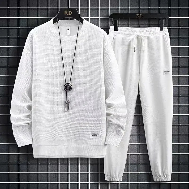 Men's Casual Sportswear Long Sleeve T-Shirt And Pants Set Spring, Autumn/Winter Cotton Plaid Fashionable Youth Outfit Long Pants