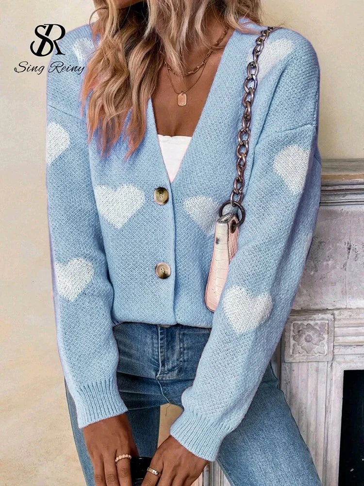 Sweet Love Knitted Cardigan Women 2026 Spring, Summer,  Autumn V-neck Print Warm Sweaters Long Sleeve Casual Loose Knitted Tops
