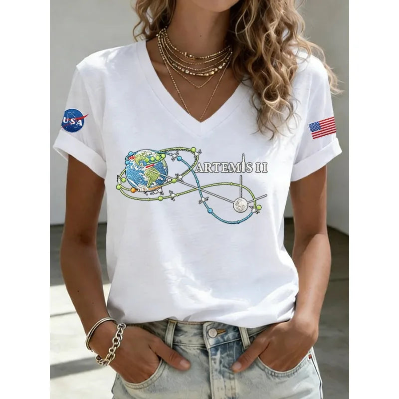 2026 New Arrival Women's Artemis II Print T-Shirts Summer Short Sleeve Loose V Neck Tops Casual Tees
