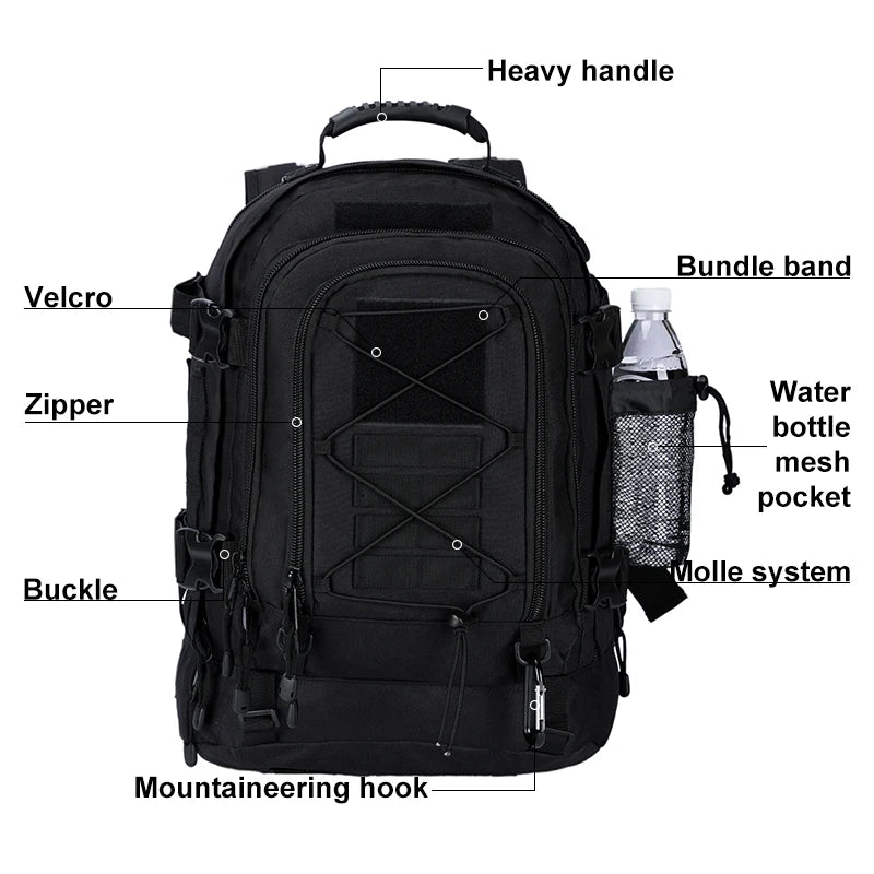 LQARMY 60L Military Tactical Backpack Army Assault Rucksack Outdoor 3Day Expandable Travel Backpack Hiking Molle Bug Out Bag