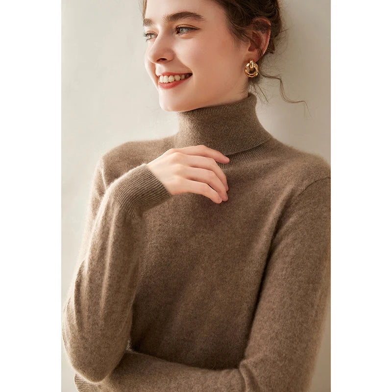 Cashmere Sweater Women's Turtleneck Long Sleeved Knitted Pullover 100% Pure Cashmere Base Sweater Korean Version Women's Top
