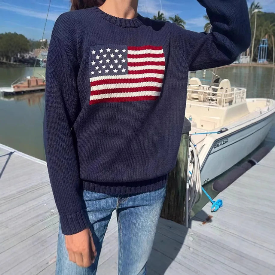 Retro National Flag Long Sleeve Crew Neck Knitted Sweater Autumn Winter Women's High-End Feeling Top Loose Fit Single Piece